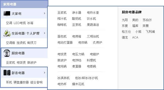 jquery仿淘宝电器城左侧自适应屏幕高度下拉导航菜单代码